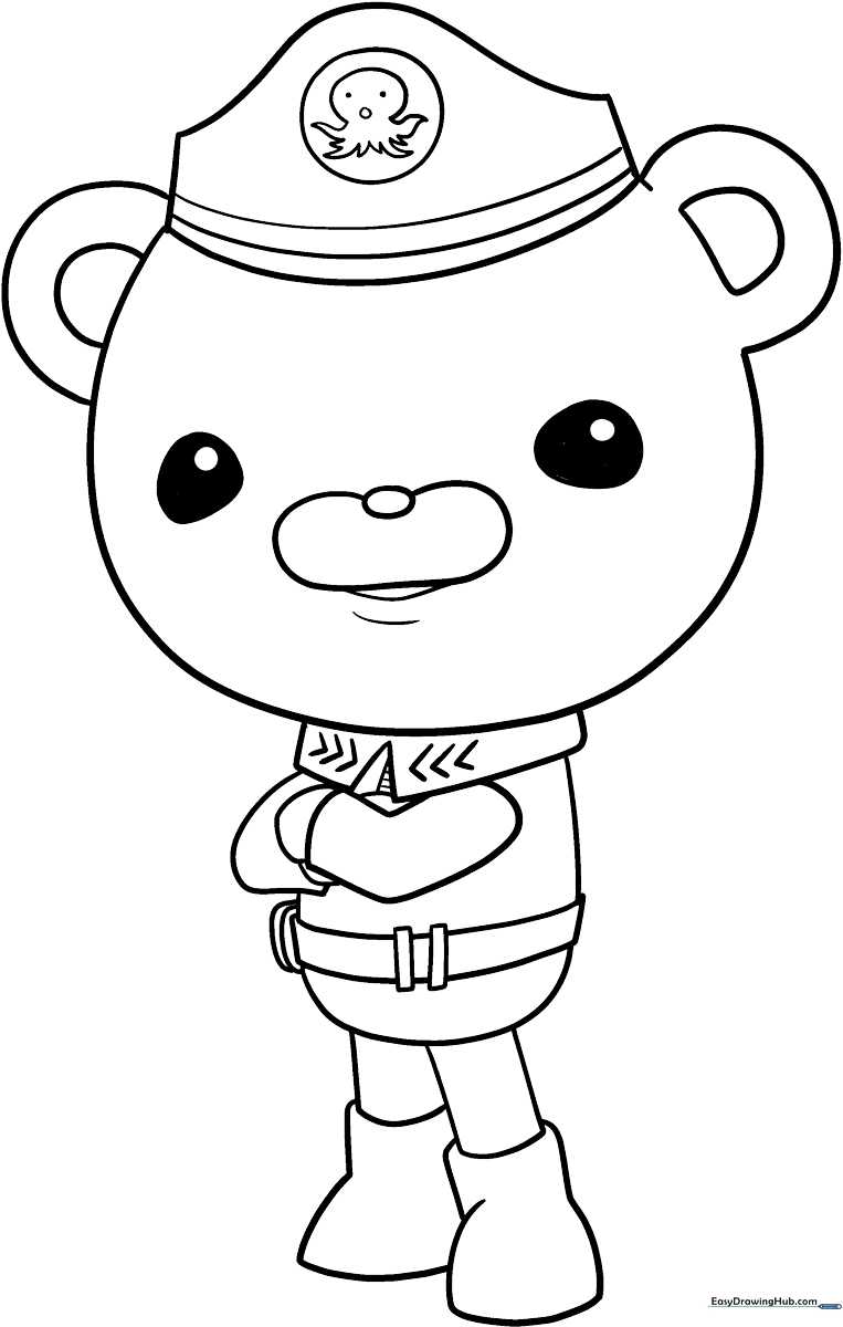Black and white line art of Captain Barnacles from The Octonauts, featuring clear outlines for easy coloring by young children.