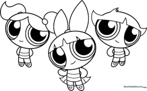 Black and white line art of Blossom, Bubbles, and Buttercup from The Powerpuff Girls, featuring clean outlines for easy coloring by children.