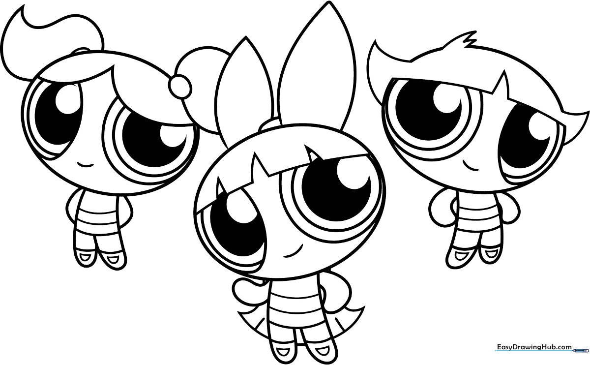 Black and white line art of Blossom, Bubbles, and Buttercup from The Powerpuff Girls, featuring clean outlines for easy coloring by children.