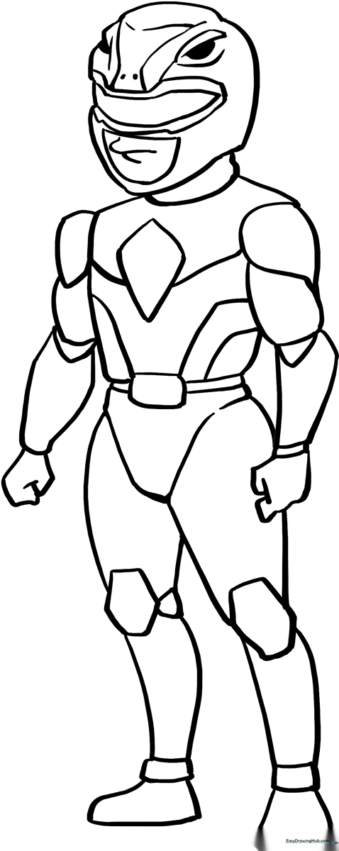 Line art of the Red Ranger in a heroic pose, featuring clear outlines for easy coloring of the helmet, visor, and suit details.