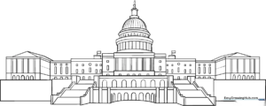 Black and white line art of the U.S. Capitol Building featuring the central dome and neoclassical columns, designed for educational coloring activities.