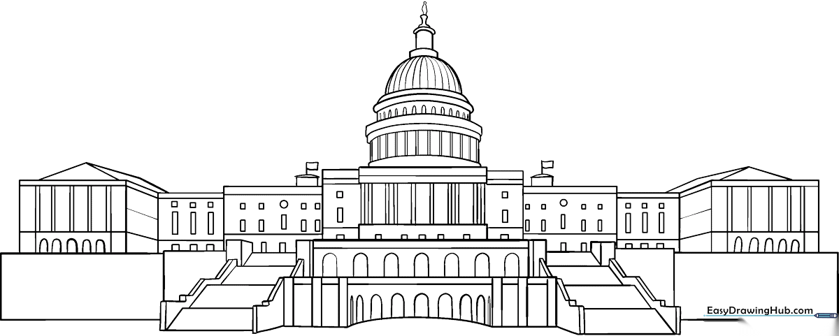 Black and white line art of the U.S. Capitol Building featuring the central dome and neoclassical columns, designed for educational coloring activities.
