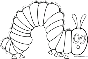 Black and white line art of The Very Hungry Caterpillar, featuring distinct circular body segments and expressive eyes, ready for children to color.