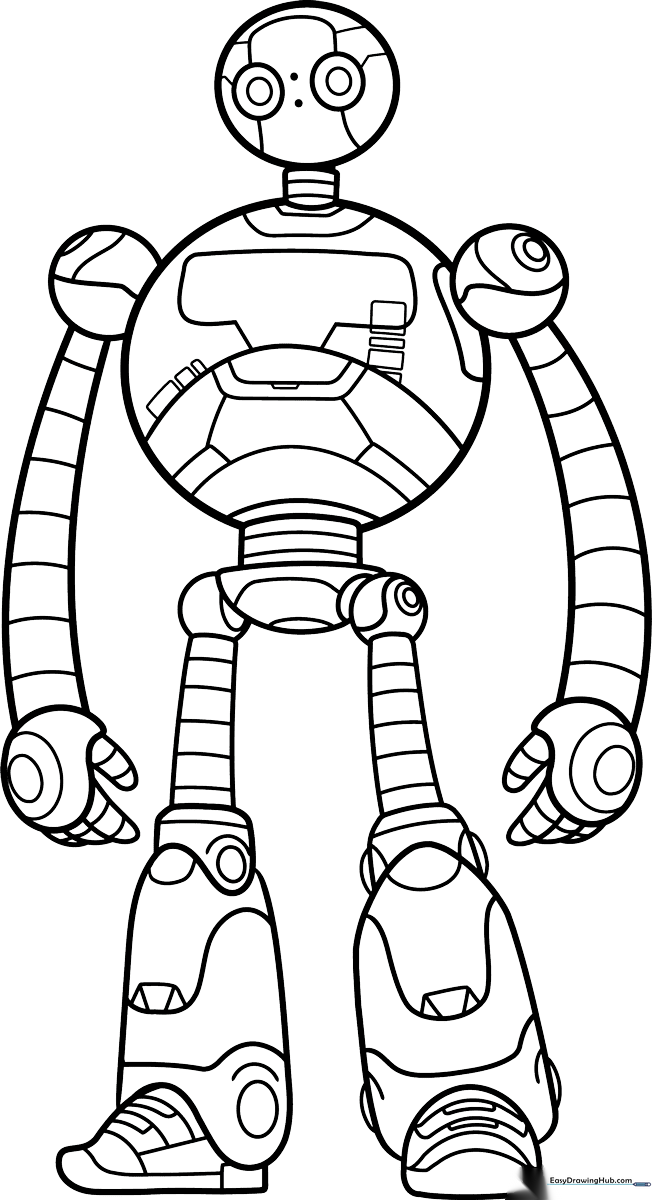 Black and white line art of Roz from The Wild Robot, featuring clean outlines for easy coloring by children.