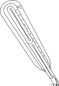 A simple black and white line drawing of a classic glass thermometer with a clear scale, perfect for children to color.