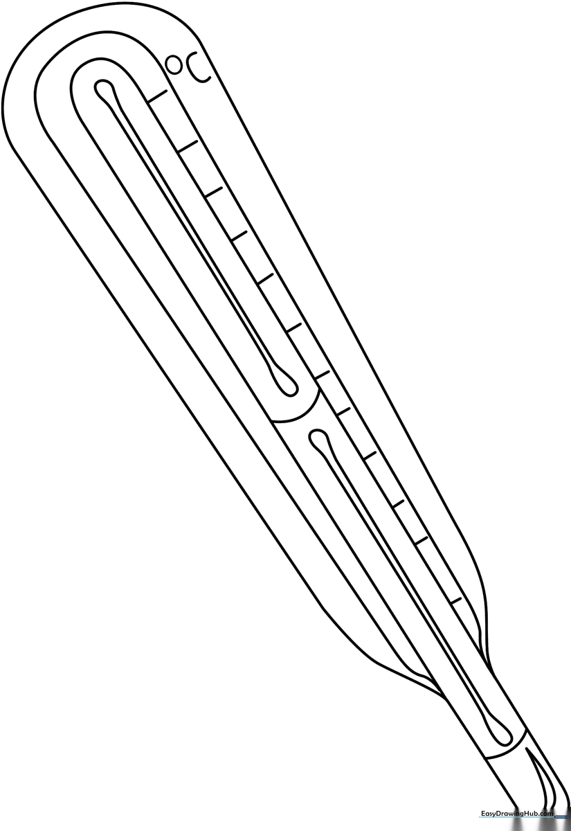 A simple black and white line drawing of a classic glass thermometer with a clear scale, perfect for children to color.