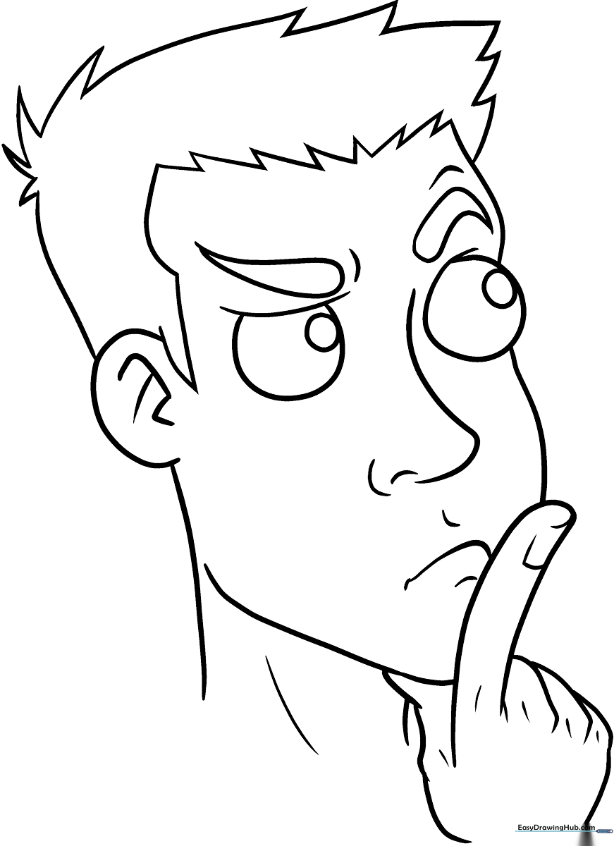 Black and white line art of a cartoon character with a hand on their chin in a thoughtful pose, ready for children to color.