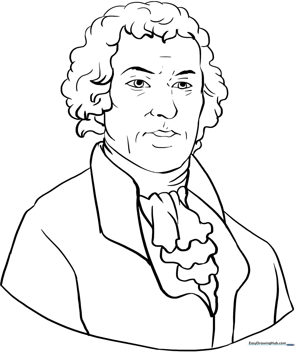 A friendly cartoon illustration of Thomas Jefferson, featuring clear outlines for easy coloring, ideal for teaching children about historical figures.