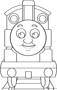 Black and white line art of Thomas the Train featuring clear outlines for easy coloring by children.