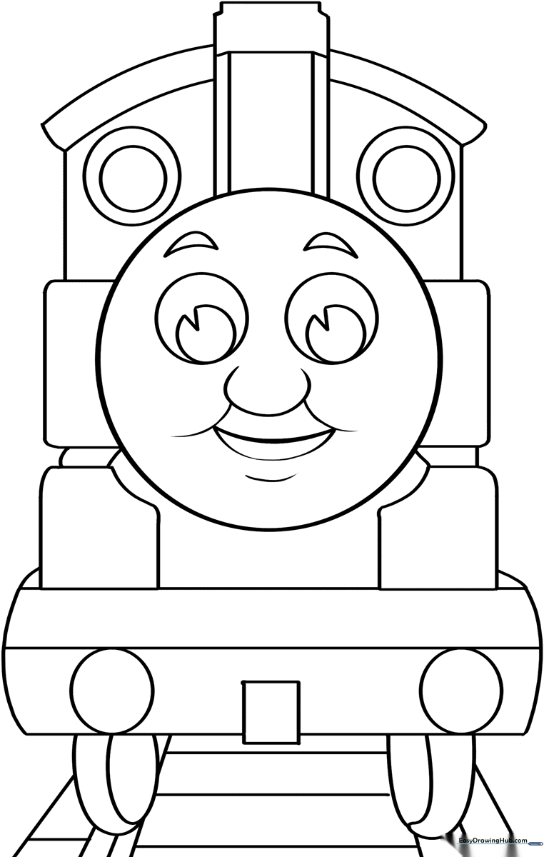 Black and white line art of Thomas the Train featuring clear outlines for easy coloring by children.