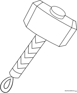 Black and white line art of Thor's hammer, Mjolnir, featuring a rectangular head with intricate patterns and a sturdy handle, designed for children to color.