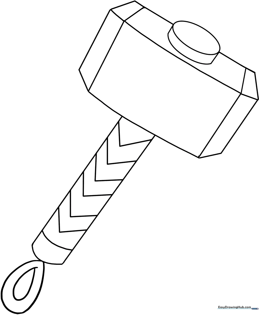 Black and white line art of Thor's hammer, Mjolnir, featuring a rectangular head with intricate patterns and a sturdy handle, designed for children to color.