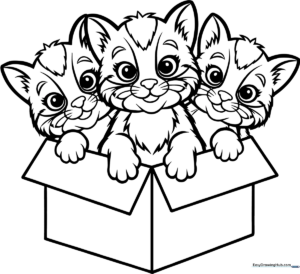 Three cartoon kittens with large expressive eyes sitting inside a cardboard box, featuring clear outlines for easy coloring practice.
