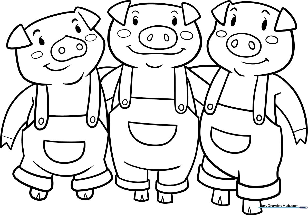 Black and white line art of the Three Little Pigs standing together, designed for children to color with crayons or markers.