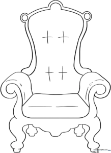 Black and white line art of a royal throne with ornate carvings and plush cushions, designed for children to color.