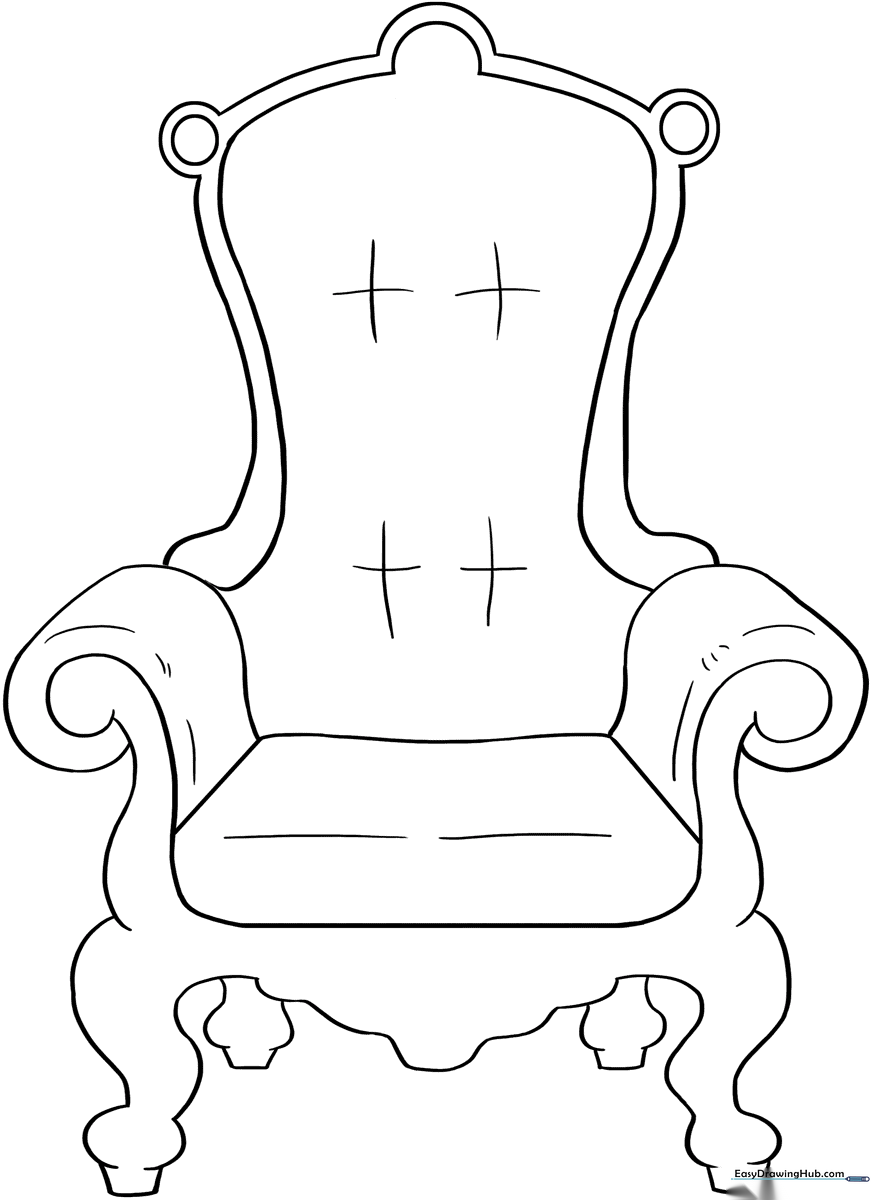 Black and white line art of a royal throne with ornate carvings and plush cushions, designed for children to color.