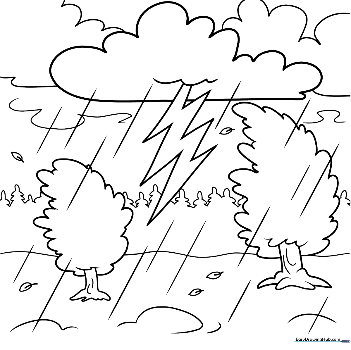 Black and white line art of a thunderstorm with stylized clouds and lightning bolts, designed for children to color.