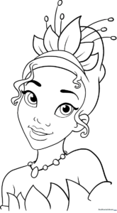 Line art illustration of Princess Tiana from The Princess and the Frog, featuring clear outlines for easy coloring by children.