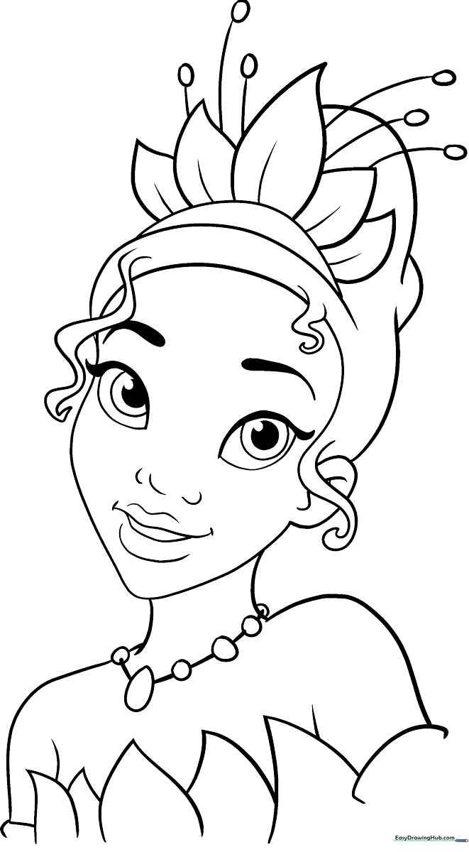 Line art illustration of Princess Tiana from The Princess and the Frog, featuring clear outlines for easy coloring by children.