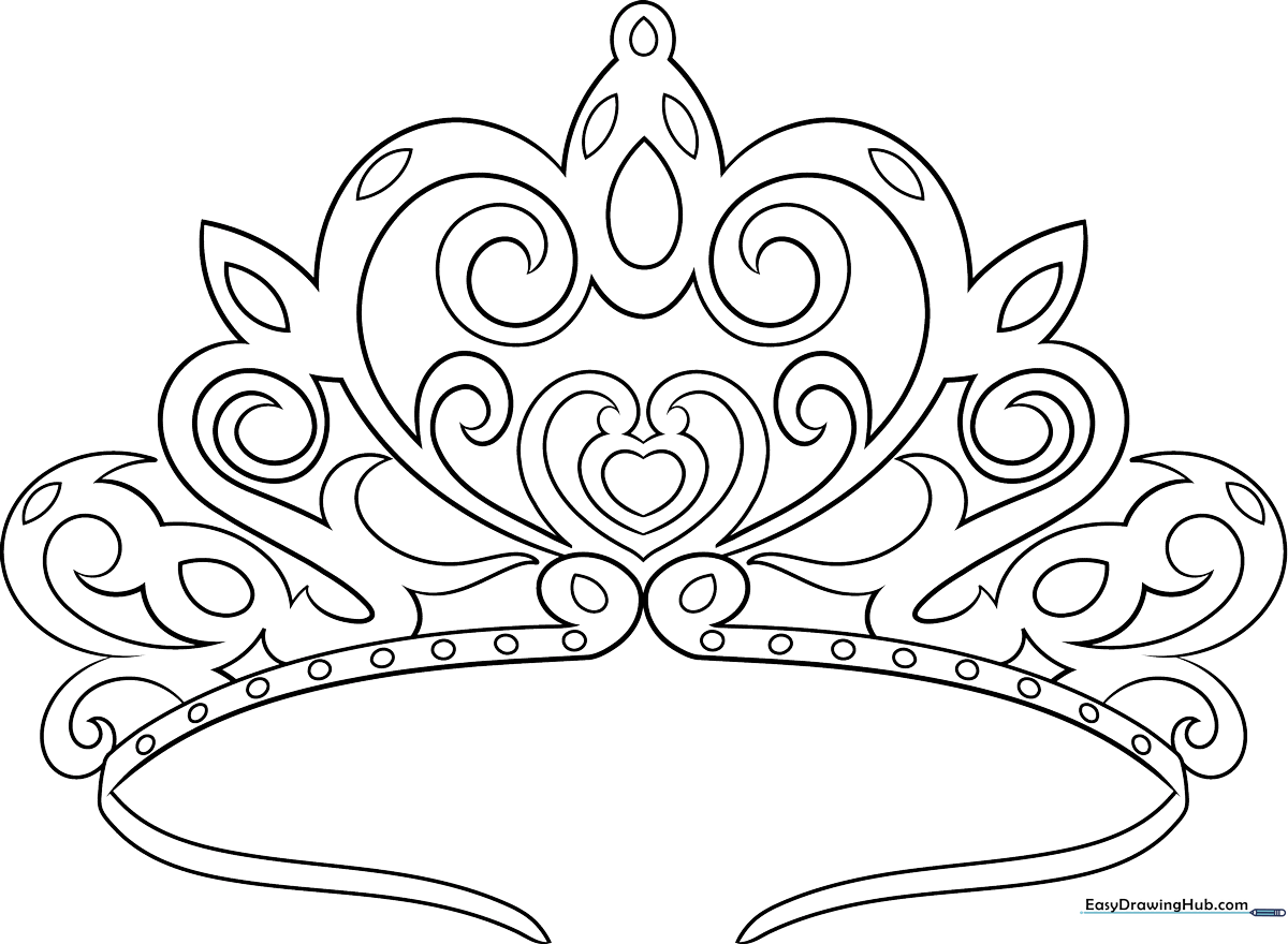Black and white line art of a royal tiara featuring large central gemstones and intricate decorative filigree, ready for children to color.
