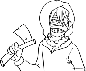 Detailed line art of Ticci Toby wearing his signature goggles and mask, ready for coloring on a white background.