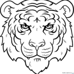 Black and white line art of a friendly tiger face with bold stripes, designed for children to color.