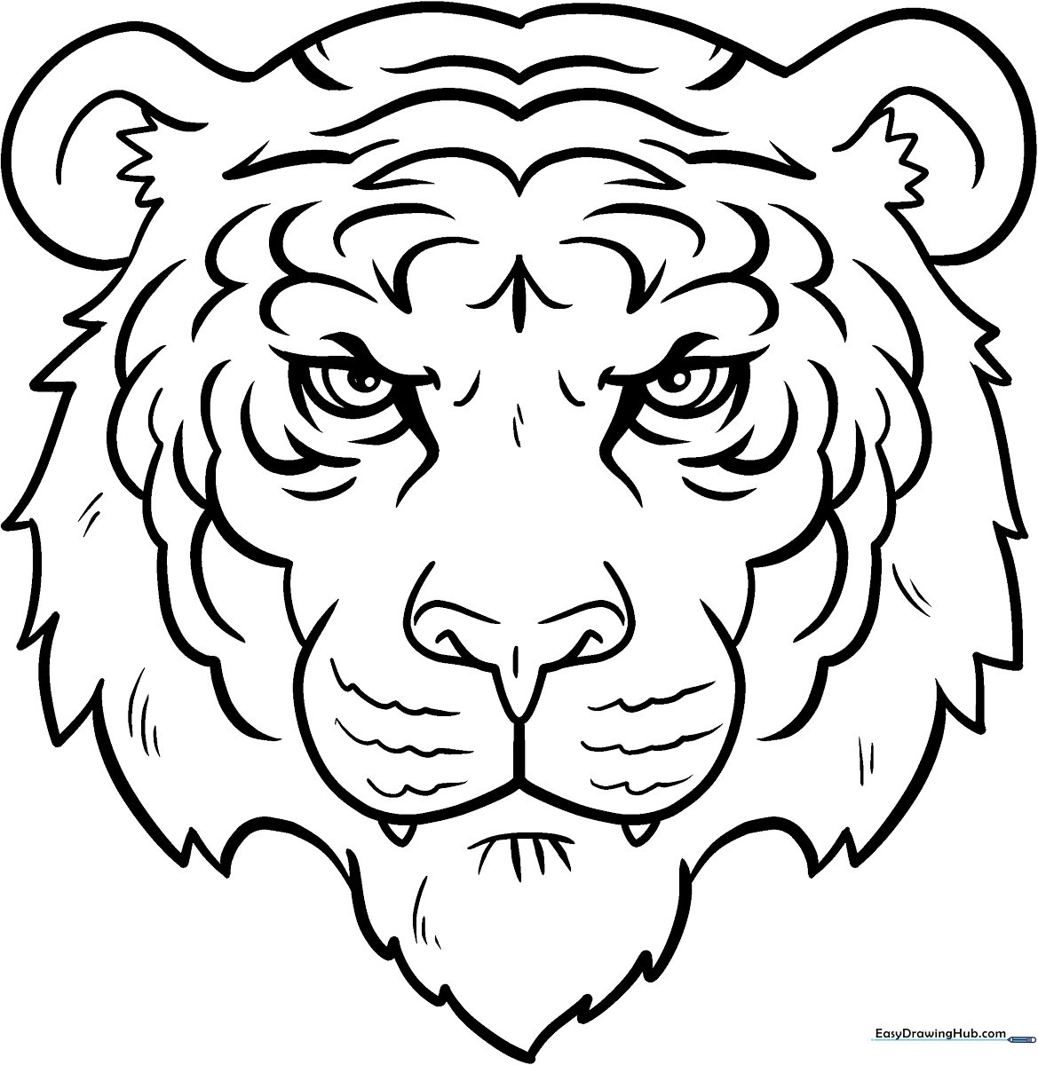 Black and white line art of a friendly tiger face with bold stripes, designed for children to color.