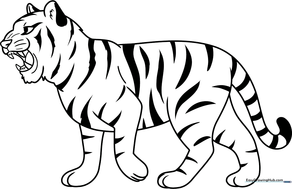 Black and white line art of a tiger with its mouth open in a roar, featuring clear outlines for easy coloring by children.
