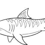 A friendly cartoon tiger shark with distinct stripes, swimming in an open composition, ready for coloring with crayons or markers.
