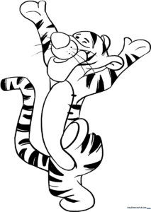 Black and white line art of Tigger from Winnie the Pooh, featuring clear outlines for children to color with markers or crayons.