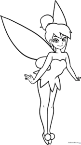 Black and white line art of Tinkerbell in a classic pose, featuring clear outlines for easy coloring by children.
