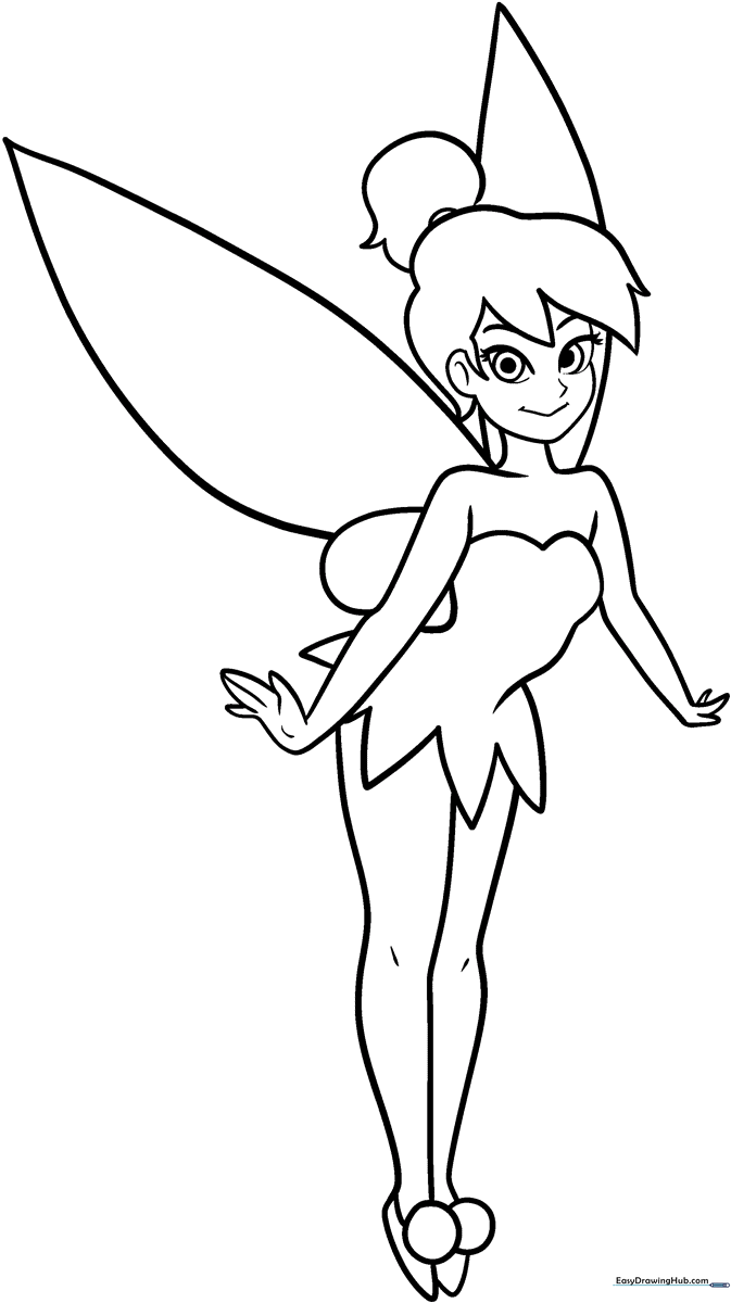 Black and white line art of Tinkerbell in a classic pose, featuring clear outlines for easy coloring by children.