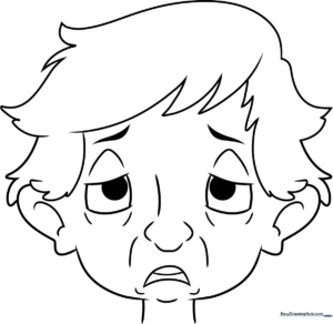 Black and white line art of a tired face with heavy eyelids and a drooping mouth, designed for children to color and practice identifying emotions.