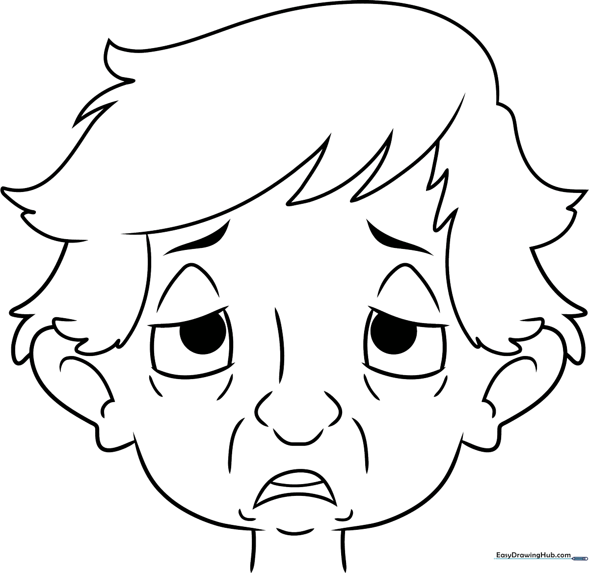 Black and white line art of a tired face with heavy eyelids and a drooping mouth, designed for children to color and practice identifying emotions.