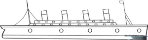 Black and white line art of the Titanic ocean liner with clear, bold outlines suitable for children to color.