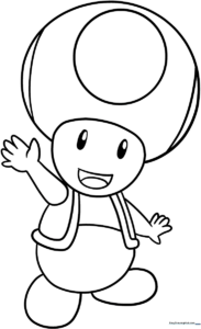 Black and white line art of Toad from Mario standing with a cheerful expression, featuring clear outlines for easy coloring by children.
