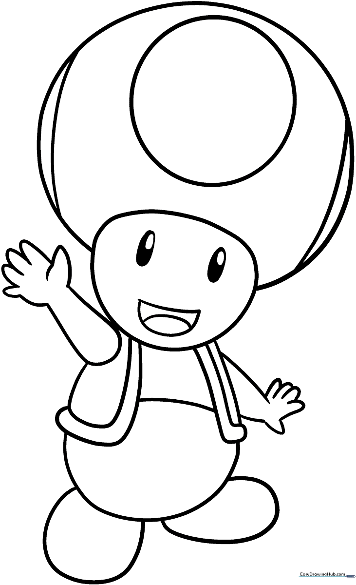 Black and white line art of Toad from Mario standing with a cheerful expression, featuring clear outlines for easy coloring by children.