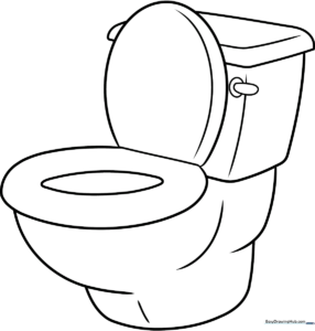 Black and white line art of a standard toilet, featuring bold outlines for easy coloring by young children.