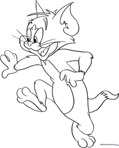Black and white line art of Tom Cat from Tom and Jerry, featuring clear outlines for easy coloring by children.