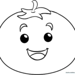 A clean, bold-lined illustration of a round tomato with a leafy stem, designed for children to color.
