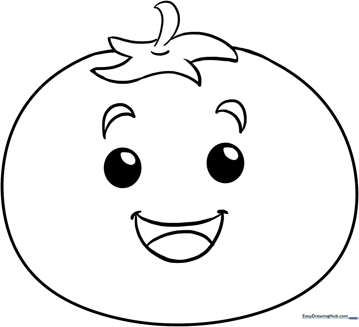 A clean, bold-lined illustration of a round tomato with a leafy stem, designed for children to color.