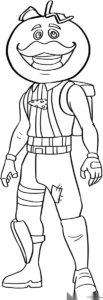 Black and white line art of the Fortnite Tomato Head character, featuring a large tomato mask with a crown and expressive face, ready for coloring.
