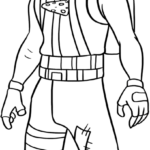 Black and white line art of the Fortnite Tomato Head character, featuring a large tomato mask with a crown and expressive face, ready for coloring.