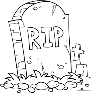A clean, black-and-white line art illustration of a classic rounded tombstone, featuring bold outlines perfect for young children to color.