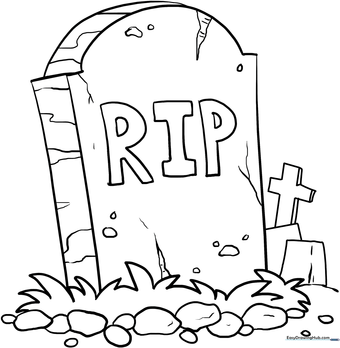 A clean, black-and-white line art illustration of a classic rounded tombstone, featuring bold outlines perfect for young children to color.