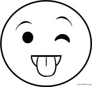 Black and white line art of a silly emoji face with a wide grin and tongue sticking out, ready for coloring.