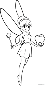 Line art illustration of a friendly Tooth Fairy with wings and a wand, ready for children to color with crayons or markers.