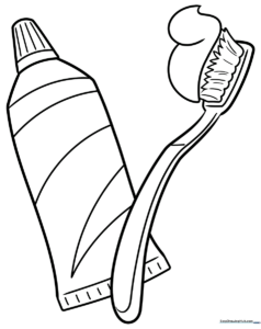 A friendly cartoon toothbrush standing next to a smiling tube of toothpaste, featuring bold outlines for easy coloring by children.