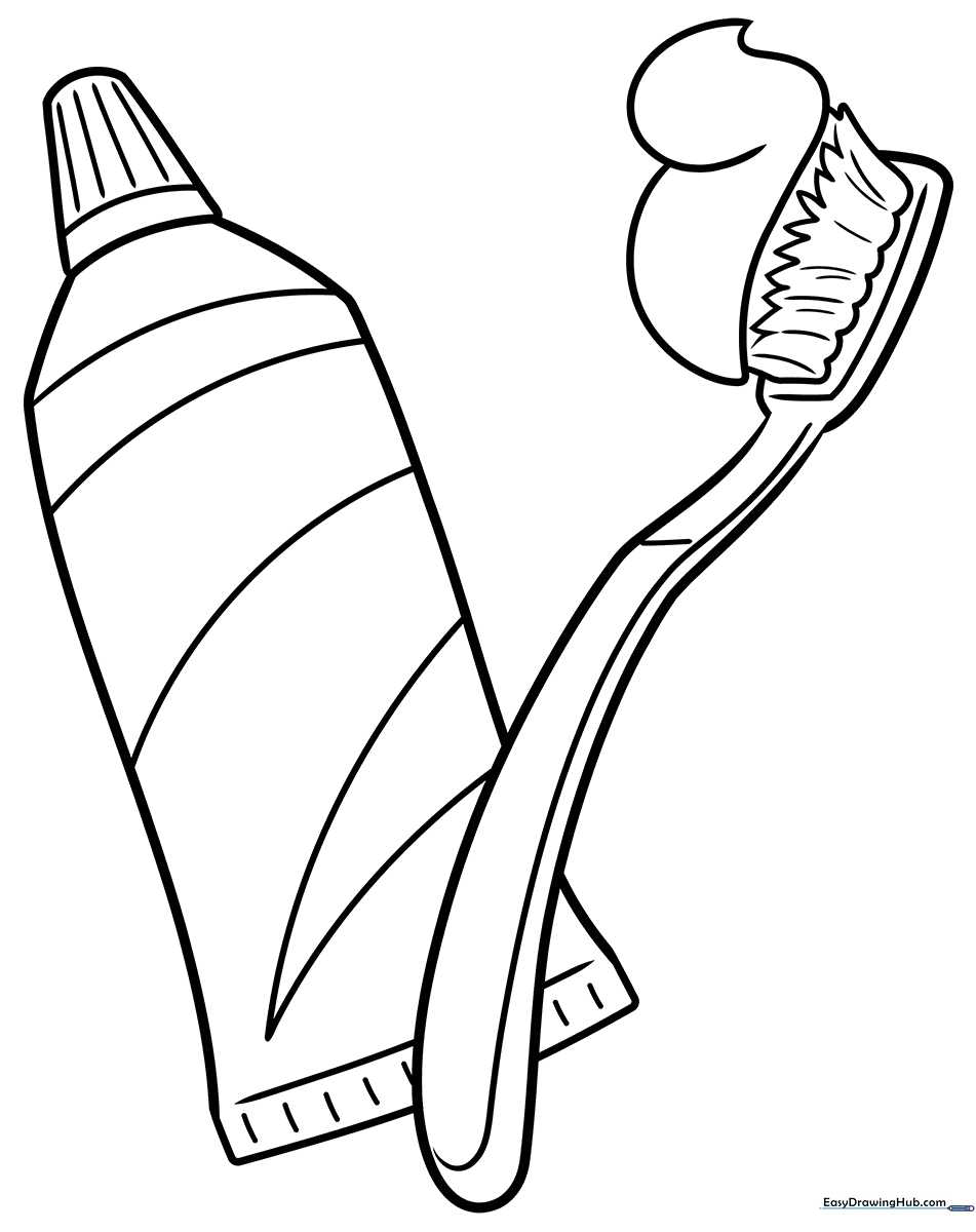 A friendly cartoon toothbrush standing next to a smiling tube of toothpaste, featuring bold outlines for easy coloring by children.