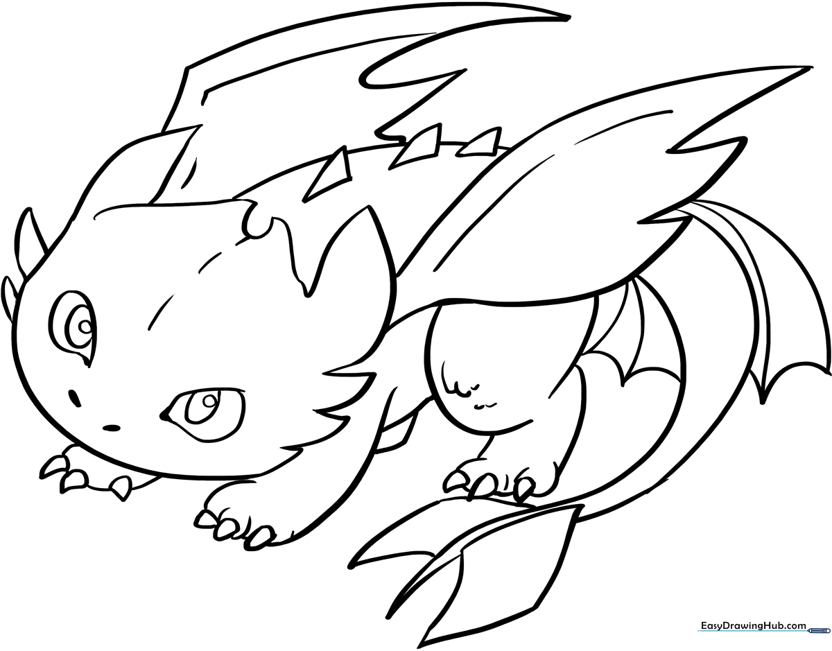 Line art illustration of Toothless the dragon from How to Train Your Dragon, featuring large expressive eyes and smooth scales ready for coloring.